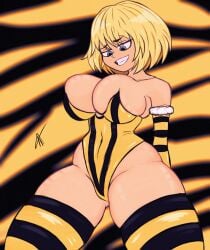 bee bee_costume bee_girl belly_button belly_button_visible_through_clothing big_breasts big_hips big_legs big_thighs blonde_hair blue_eyes breast_press breast_squeeze breasts drahzie female giant_breasts happy hips hololive hololive_english legs massive_breasts no_bra no_panties request short_hair skimpy_clothes skimpy_dress skimpy_outfit smile smiling smug smug_expression smug_face smug_smile thick_hips thick_legs thick_thighs thighhighs thighs virtual_youtuber watson_amelia white_body white_skin yellow_hair