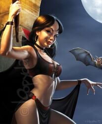 bare_midriff bat black_bra black_choker black_loincloth blood_drip blood_on_chin blue_eyes brown_hair cape choker fangs full_moon hoop_earrings looking_at_viewer loopydave mature_female torch vampire vampire_girl vampiress