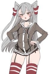 amatsukaze_(kantai_collection) black_panties brown_dress chigasaki_yukari cowboy_shot dress female garter_belt garter_straps grey_hair hair_tubes hands_on_hips highres kantai_collection long_hair medium_breasts orange_eyes panties red_thighhighs safe_for_work sailor_dress school_uniform see-through see-through_dress serafuku short_dress side-tie_panties simple_background solo stripes thighhighs two_side_up underwear white_background