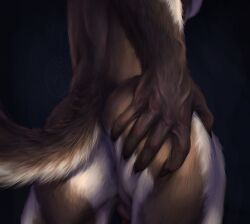 2022 absurd_res anthro anus ass backsack balls barely_visible_genitalia barely_visible_penis biped black_background brown_body brown_fur butt_focus canid canine canis claws digital_media_(artwork) finger_claws fur genitals hi_res male mammal penis s_anima simple_background solo spread_butt spreading white_body white_fur wolf