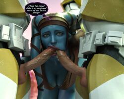 1girls 3d aayla_secura alien_girl armor blowjob blue_skin clone_trooper double_blowjob drinkerofskies english_text faceless_male female helmet interspecies male masked masked_male multiple_boys penis star_wars stormtrooper text twi'lek