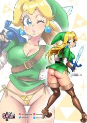 1girls absurd_res ass back_view bikini blonde_hair blue_eyes boots cleavage cosplay crossover female female_only holding_sword knees_together_feet_apart link_(cosplay) long_hair looking_at_viewer looking_back looking_back_at_viewer mario_(series) master_sword multiple_views nintendo pink_lipstick princess_peach sasatseng side-tie_bikini solo swimsuit sword the_legend_of_zelda thigh_boots thigh_gap thong triforce triforce_bikini triforce_panties wink winking_at_viewer yellow_bikini zettai_ryouiki