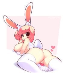 2018 animal_ear_fluff animal_ears apron ass breasts bunny_girl cleft_of_venus cute female finger_to_mouth fiz fizintine hair_bun heart highres large_breasts light-skinned_female looking_at_viewer lying medium_hair naked_apron nipples on_stomach original pale-skinned_female pink_background pink_hair pussy rabbit_ears rabbit_girl rabbit_tail simple_background single_side_bun solo solo_female tail thighhighs white_thighhighs