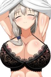 1girls areolae big_breasts black_bra bra breast_focus breasts cleavage closed_eyes female female_only grey_hair hair huge_breasts lace lace-trimmed_bra lace_trim mature mature_female mature_woman milf mother shirt_up smile solo solo_female topwear undressing unisyariss uzaki-chan_wa_asobitai! uzaki_tsuki