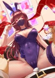 1boy absurdres animal_ears bangs bare_shoulders belt breasts cameltoe cleavage cleft_of_venus covered_navel cowgirl_position fake_animal_ears fate/grand_order fate_(series) female fishnet_pantyhose fishnets fujimaru_ritsuka_(male) highleg highleg_leotard highres large_breasts leotard long_hair mask mouth_mask neckerchief no_bra pantyhose playboy_bunny pov purple_leotard rabbit_ears red_eyes red_hair saint_quartz_(fate) scathach_(fate) scathach_(piercing_bunny) scathach_(piercing_bunny)_(fate) spread_legs thigh_strap thighs v wrist_cuffs