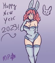 2023 big_ass big_breasts blue_lipstick bunny_ears bunnysuit cameltoe curly_hair female female_focus happy_new_year hi_res huge_ass human kneehighs makeup megumipan616 paris_furuguchi pink_hair purple_eyes simple_background sketch smile wide_hips