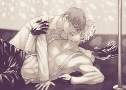 2boys alternate_costume gay gintama gintoki_sakata gloves male male_only military_hat monochrome nanroku nazi okita_sougo on_side parody stripper_pole suspenders the_night_porter toned toned_male topless topless_male yaoi