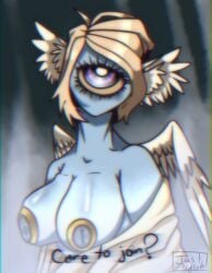 1_eye 1girls angel angel_wings aqua_skin artist_request blonde_hair cyclops cyclops_girl exotic female female_focus female_only girl golden_nipples only_female tagme unknown_character unknown_species yellow_hair