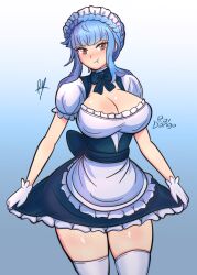 1girls absurdres alternate_costume apron bangs blue_hair breasts cleavage clothes_lift female female female_only fire_emblem fire_emblem:_three_houses gloves highres large_breasts looking_at_viewer maid maid_apron maid_headdress marianne_von_edmund pout raydango red_eyes ribbon sidelocks skirt skirt_lift solo thighhighs thighs v-shaped_eyebrows watermark white_gloves white_thighhighs