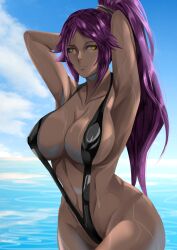 1girls armpits arms_behind_head bikini black_bikini bleach breasts dark-skinned_female dark_skin drawnielart expressionless female highres large_breasts long_hair looking_at_viewer ocean one_piece_swimsuit ponytail purple_hair shihouin_yoruichi sideboob sky_background slingshot_swimsuit solo swimsuit water wet wet_breasts yellow_eyes
