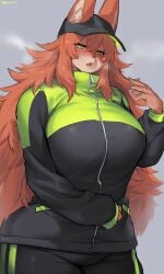 1girls anthro athletic_anthro athletic_female athletic_furry big_breasts blush brown_fur brown_hair canine cap cute dog_ears domestic_dog female female_only fur furry furry_only green_eyes hi_res hyper_breasts long_hair looking_at_viewer messy_hair mountain_dew mountain_dew_tracksuit narrowed_eyes neon_green ookami-chan_(suurin_2) original solo suurin_(ksyaro) tracksuit vanta_black vantablack