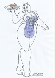 anthro big_breasts boss_monster dessert fanart female female_anthro furry furry_female glasses marlon64 mature mature_female milf naked_apron solo solo_female toriel traditional_art traditional_media traditional_media_(artwork) undertale undertale_(series) video_games white_background white_hair wide_hips