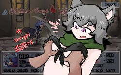 battle bunny_boy_the_swordman_rabbit_(juztplay) eyebrows_visible_through_hair gameplay_mechanics grabbing grabbing_breasts health_bar hi_res high_quality hp_bar juztplay medival numbers open_mouth rock_paper_scissors rogue_the_wolf_girl_(juztplay) rpg_game trpg