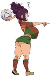 1girls 2022_fifa_world_cup big_ass big_breasts command_grab looking_away nuclearwasabi pointing purple_hair shorts soccer soccer_uniform tagme thick_thighs white_background world_cup