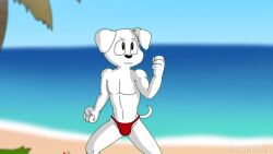 animated beach blush bulge chunkiroll covering covering_crotch crab embarrassed embarrassed_nude_male enm furry muscular naked speedo stripped swimsuit video wardrobe_malfunction