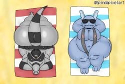 2022 3:2 alternate_color anthro ass axoarts backwards_baseball_cap backwards_hat baseball_cap beach_towel belly big_butt bikini biped black_body blue_body bulge closed_eyes clothing duo eyewear fan_character fat front_view generation_1_pokemon generation_5_pokemon genitals grey_body hat hat_only headgear headgear_only headwear headwear_only huge_butt huge_thighs krookodile lying male male_only moobs mostly_nude multicolored_body navel nintendo nipple_outline on_back on_front outside overweight penis pokemon pokemon_(species) rear_view rudy_(axoarts) short_stack shortstack sling_bikini small_penis sunglasses swimwear thick_thighs towel two_tone_body video_games wartortle wide_hips