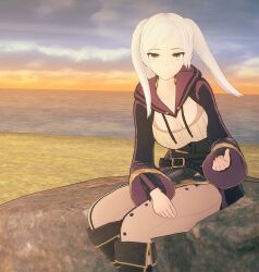 1girls 3d breasts brown_eyes calm cleavage fefreak726 female female_only fire_emblem fire_emblem_awakening medium_breasts nintendo nude robin_(fire_emblem) robin_(fire_emblem)_(female) solo sunset white_hair