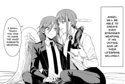 1boy 1boy1girl 1girls angel angel_devil_(chainsaw_man) angel_halo angel_wings black_and_white braided_hair chainsaw_man chicke_iii dialogue dildo doujinshi femboy fully_clothed grin halo long_hair makima_(chainsaw_man) manga nervous piercing piercings sitting suit sweatdrop tie wings