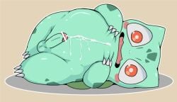 balls blush bodily_fluids bulbasaur censor_bar censored censored_genitalia censored_penis chubby_male claws cum cum_on_body cum_on_self doneru erection generation_1_pokemon genital_fluids genitals green_body head_markings humanoid_genitalia humanoid_penis ineffective_censorship looking_at_viewer lying male markings nintendo on_side penis pokémon_(species) pokemon pokemon_(species) simple_background solo video_games