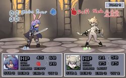 battle bunny_boy_the_swordman_rabbit_(juztplay) gameplay_mechanics health_bar hp_bar juztplay medival naked naked_female numbers rock_paper_scissors rogue_the_wolf_girl_(juztplay) rpg_game tagme trpg