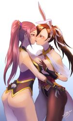 2girls after_kiss alternate_costume animal_ears ass ass_grab asymmetrical_docking bangs bare_hips bare_shoulders blush bottomless braid braided_ponytail breast_grab breast_press breasts breasts_out brown_eyes brown_hair bunny_ears bunny_girl bunnysuit cleavage commission detached_collar earrings easter female female_only fire_emblem fire_emblem_fates fire_emblem_heroes french_kiss gloves grabbing hair_ornament hair_over_one_eye holding jewelry juunishi_aya kagero_(fire_emblem) kagero_(spring)_(fire_emblem) kissing large_breasts lips loki_(fire_emblem) loki_(spring)_(fire_emblem) long_hair mature_female multiple_girls ninja nintendo non-web_source official_alternate_costume open_mouth pantyhose pixiv_request playboy_bunny ponytail purple_eyes purple_hair rabbit_ears rabbit_tail ribbon rubber_gloves simple_background smile staring tail tassel tongue tongue_out white_ribbon yuri