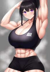 1girls abs ai_generated armpits arms_up bare_arms bare_legs bare_midriff bare_shoulders bare_thighs biceps black_hair black_tank_top blush cleavage cute enen_no_shouboutai fire_force gray_background huge_breasts large_breasts looking_at_viewer massive_breasts midriff muscle muscles muscular muscular_arms muscular_female muscular_legs muscular_thighs oze_maki ponytail purple_eyes short_shorts shorts smile stable_diffusion steam steaming_body sweat tagme tank_top thick_thighs voluptuous voluptuous_female wide_hips