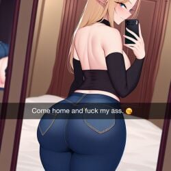 1girls ai_generated alborewimi ass bare_shoulders big_ass big_butt black_sleeves blonde_hair caption collar denim edit elbow_sleeves elf elf_ears english_text female from_behind green_eyes holding_phone horny_female impatient inviting inviting_to_anal inviting_to_sex jeans long_hair long_sleeves looking_at_viewer looking_back mirror mirror_selfie nai_diffusion naughty_face needy pawg phone pockets pointy_ears round_ass round_butt seductive_smile selfie showing_off snapchat solo stable_diffusion suggestive thick_ass tight_jeans wanting_sex