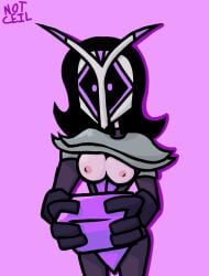 armor black_hair exposed_breasts mask masked_female not_ceil oc original_character purple_skin