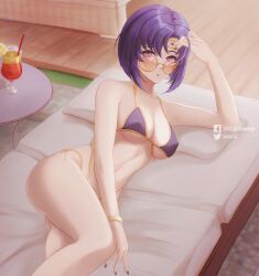 1girls :o alternate_costume ass bare_shoulders bed_sheet bikini blue_bikini blue_eyes blue_hair blue_nails breasts catria_(fire_emblem) cleavage collarbone cup female female female_only fire_emblem fire_emblem:_mystery_of_the_emblem fire_emblem:_shadow_dragon_and_the_blade_of_light front-tie_bikini_top front-tie_top highres johncgz large_breasts looking_at_viewer lying nail_polish nintendo on_bed on_side purple_bikini purple_nails purple_swimsuit short_hair side-tie_bikini_bottom solo string_bikini sunglasses swimsuit tinted_eyewear twitter_username underboob yellow-framed_eyewear