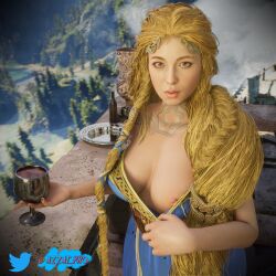 1girls 3d aesir_(norse_mythology) azzat big_nipples blonde_hair blue_eyes braided_hair breasts female female_focus female_only front_view god_of_war god_of_war_ragnarok goddess long_hair looking_at_viewer milf nipples norse_mythology outdoors sif_(god_of_war) solo sony_interactive_entertainment tattoo tattoos twitter_username yellow_hair