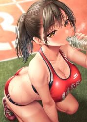 1girls arm_support ass_cleavage bangs bare_arms bare_legs blurry blurry_background booty_shorts bottle breasts brown_eyes brown_hair bubble_butt buruma butt_crack cleavage collarbone commentary_request covered_nipples drinking female fingernails from_above grass gym_shorts hand_up highres holding holding_bottle kase_daiki large_breasts long_hair looking_at_viewer no_bra no_panties original ponytail red_buruma red_footwear red_sports_bra shoes shorts sneakers solo sports_bra sportswear squatting steam steaming_body sweat tan tanline tanlines tight_clothing tight_shorts track_and_field track_uniform water_bottle