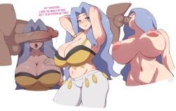 1girls blue_hair cant_see_the_haters cleavage closed_eyes dark-skinned_male dark_skin elite_four fellatio freddyhalloween heavy_breathing horny horny_female huge_breasts interracial karen_(pokemon) light-skinned_female light_skin long_hair open_mouth penis penis_covering_eyes penis_over_eyes pokemon pokemon_hgss sweat tongue_out unseen_male_face veiny_penis