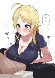 1boy :o ahoge blonde_hair blue_eyes blue_shirt blush breast_rest breast_squeeze breasts cleavage collared_shirt cum cum_on_body cum_on_breasts ejaculation female hachimiya_meguru hair_ornament hairclip highres idolmaster idolmaster_shiny_colors kobinbin large_breasts long_hair looking_at_penis low_twintails open_mouth paizuri paizuri_under_clothes partially_unbuttoned penis polo_shirt school_uniform shirt short_sleeves sidelocks simple_background speech_bubble twintails upper_body white_background