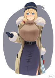 1girls belt blonde_hair blue_eyes blush female fur_coat girls'_frontline huge_breasts kion-kun light-skinned_female light_skin mosin-nagant_(girls'_frontline) side_ponytail smartphone solo sweater tight_skirt