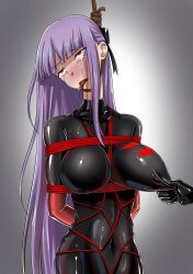 2girls absurdres arms_behind_back asagami_fujino asphyxiation ass bangs black_gloves bodysuit bondage bondage_outfit boots bound breast_grab breasts corpse dead death dozm_(txnmb) execution eyebrows_hidden_by_hair fate/grand_order fate_(series) female_death gag gagged gloves grabbing guro hanged highres kara_no_kyoukai latex latex_bodysuit latex_gloves latex_legwear long_hair multiple_girls nipple_tweak noose open_mouth purple_hair red_eyes ryona skin_tight tears thigh_boots tongue yuri