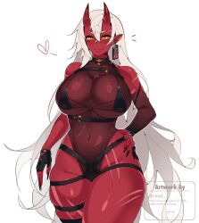 1girls akumi big_breasts big_thighs confident hand_on_own_hip horns oni oni_female oni_horns red-skinned_female red_skin scars see-through virtual_youtuber voluptuous voluptuous_female vyugen white_hair yellow_eyes