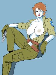 alison_r_hart_burnett areola areolae big_breasts blue_background breasts exposed exposed_breasts female female_focus female_only g.i._joe gloves hasbro lady_jaye looking_at_viewer massive_breasts navel nipples open_clothes open_shirt pablo_romero pistol weapon