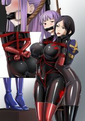 2girls absurdres arms_behind_back asagami_fujino asphyxiation ass bangs black_eyes black_hair blush bodysuit bondage bondage_outfit boots bound breast_grab breasts corpse dozm_(txnmb) execution eyebrows_hidden_by_hair fate/grand_order fate_(series) from_behind gag gagged gloves grabbing guro hanged helpless highres kara_no_kyoukai latex latex_bodysuit latex_gloves latex_legwear long_hair looking_at_another multiple_girls noose purple_hair red_eyes rope ryona saliva short_hair skin_tight smile thigh_boots tongue tongue_out