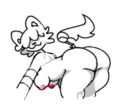 anthro ass bandage bending_down bent_over big_butt domestic_cat felid feline felis female hair hair_over_eye low_res mammal mevka_(artist) nipples one_eye_obstructed pink_nipples solo solo_focus thick_thighs white_body