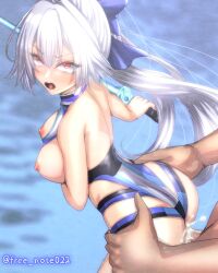 1boy ass back bangs bare_shoulders blue_bow blue_one-piece_swimsuit bow breasts breasts_out censored energy_sword fate/grand_order fate_(series) female free_note017 hair_between_eyes hairbow highleg highleg_swimsuit large_breasts long_hair looking_back mosaic_censoring nipples one-piece_swimsuit open_mouth penis ponytail red_eyes rolling_eyes sex sex_from_behind solo_focus standing standing_sex straight swimsuit sword tearing_up thigh_strap thighs tomoe_gozen_(fate) tomoe_gozen_(swimsuit_saber)_(fate) tomoe_gozen_(swimsuit_saber)_(first_ascension)_(fate) two-tone_swimsuit vaginal_penetration weapon white_hair white_one-piece_swimsuit