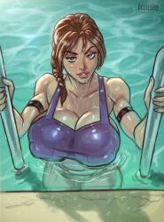 1girls arm_strap braid braided_hair brown_eyes brown_hair clothed derushy female female_only giant_breasts lara_croft lara_croft_(classic) nipple_bulge nipples_visible_through_clothing solo swimming_pool tank_top tomb_raider trousers wet_clothes wet_skin