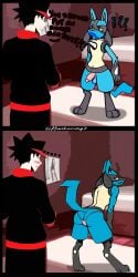 absurd_res anthro ass balls clothed clothing crossdressing dialogue duo generation_4_pokemon genitals hi_res human kimikowong7 lucario male male/male mammal nintendo panties penis pokemon pokemon_(species) pokemon_trainer text underwear video_games