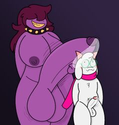 1boy 1futa anthro balls big_balls big_breasts big_dom_small_sub big_penis blush bodily_fluids bovid breasts caprine collar deltarune digital_media_(artwork) dinosaur dominant duo erection eyewear fur futa_is_bigger futanari genital_fluids genitals glasses goat gynomorph hair horn huge_breasts huge_cock humanoid_genitalia humanoid_penis hyper hyper_genitalia hyper_penis intersex intersex/male leaking_precum looking_at_another male mammal mostly_nude nipples nude penis precum precum_on_head ralsei reptile scalie scarf scarf_only sharp_teeth simple_background size_difference smaller_male smile snek_ad spiked_collar spikes susie_(deltarune) teeth thick_thighs throbbing_penis undertale_(series) video_games white_body white_fur