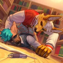 anal anthro bottomwear bottomwear_down bullying clothed clothing duo eye_contact flash_the_otter forced jock library looking_at_another looking_back looking_down male male/male male_only nerd original_character pants pants_down partially_clothed pen poofroom public punishment questionable_consent