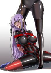 2girls absurdres asagami_fujino asphyxiation ass bangs bodysuit bondage bondage_outfit boots bound breasts corpse dozm_(txnmb) execution eyebrows_hidden_by_hair fate/grand_order fate_(series) female_only gag gagged gloves guro hanged highres kara_no_kyoukai latex latex_bodysuit latex_gloves latex_legwear long_hair multiple_girls noose purple_hair red_eyes ryona saliva sitting skin_tight tears thigh_boots tongue tongue_out yuri