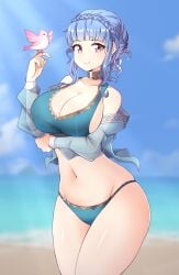 1girls alternate_costume arm_under_breasts bangs bare_midriff bare_thighs beach bikini bird blue_bikini blue_hair blue_swimsuit braid brown_eyes cleavage detached_sleeves female female_only fire_emblem fire_emblem:_three_houses fire_emblem_heroes jarckius light_blue_hair looking_at_viewer marianne_von_edmund marianne_von_edmund_(summer) midriff nintendo official_alternate_costume outdoors see-through short_hair sideboob smile solo swimsuit thick_thighs thighs