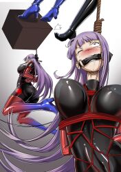 2girls absurdres arms_behind_back arms_tied_behind_back asagami_fujino asphyxiation ass bangs bodysuit bondage bondage_outfit boots bound breasts corpse dozm_(txnmb) execution eyebrows_hidden_by_hair fate/grand_order fate_(series) female_only gag gagged gloves gradient_background guro hanged highres impossible_bodysuit kara_no_kyoukai latex latex_bodysuit latex_gloves latex_legwear long_hair multiple_girls noose nose one_eye_closed open_mouth purple_hair red_eyes ryona saliva skin_tight tears thigh_boots yuri