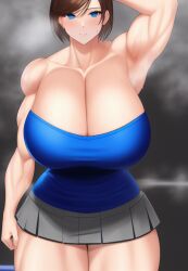 1girls ai_generated armpits arms_up bare_arms bare_legs bare_shoulders bare_thighs biceps black_skirt blue_eyes blue_tubetop blush brown_hair capcom cleavage deep_cleavage gigantic_breasts gray_background huge_breasts jill_valentine jill_valentine_(sasha_zotova) large_breasts looking_at_viewer massive_breasts miniskirt muscle muscles muscular muscular_arms muscular_female muscular_legs muscular_thighs one_arm_up resident_evil resident_evil_3 resident_evil_3_remake short_hair short_skirt skirt smile stable_diffusion steam steaming_body sweat tagme thick_thighs tube_top tubetop voluptuous voluptuous_female wide_hips