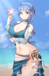 1girls alternate_costume arm_under_breasts bangs bare_midriff bare_thighs beach bikini bird bird_on_hand blue_bikini blue_hair blue_swimsuit blurry blurry_background braid breasts brown_eyes cleavage closed_mouth cowboy_shot crown_braid detached_sleeves female female_only fire_emblem fire_emblem:_three_houses fire_emblem_heroes highres jarckius large_breasts light_blue_hair looking_at_viewer marianne_von_edmund marianne_von_edmund_(summer) midriff navel nintendo ocean official_alternate_costume outdoors pink_bird sarong see-through short_hair sideboob smile solo swimsuit thick_thighs thighs