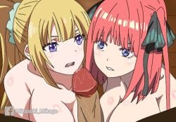 1boy 2girls black_ribbon blonde_hair blue_eyes breasts classroom_of_the_elite crossover facebook_username go-toubun_no_hanayome karuizawa_kei large_breasts mikazuki_mikage multiple_girls nakano_nino penis pink_hair ponytail pov ribbon seiyuu_connection twintails voice_actor_connection watermark youkoso_jitsuryoku_shijou_shugi_no_kyoushitsu_e